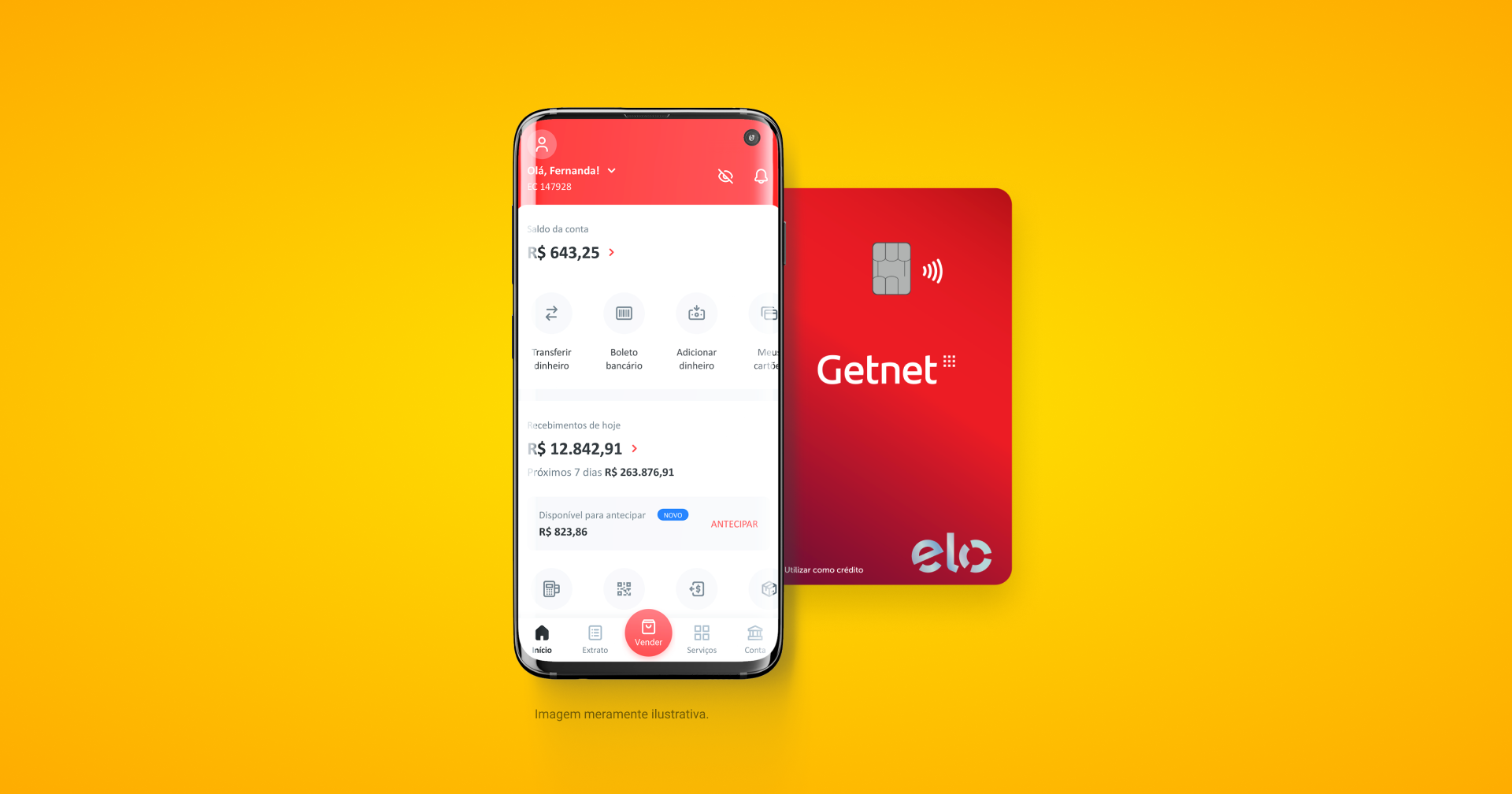 Celular com a tela do aplicativo Getnet e um cartão Getnet Elo atras
