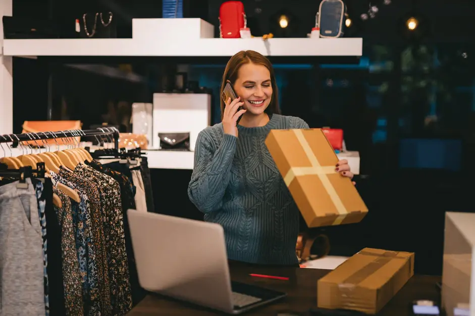frete Jovem mulher conversando com um cliente em um smartphone e embalando um produto em uma caixa de papelão para enviar