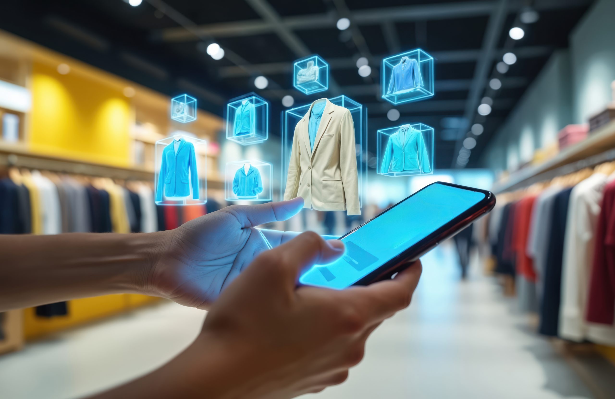 Person uses smartphone app in clothing store. Holographic jackets appear, showing virtual fashion items. Future shopping experience digital retail choice.